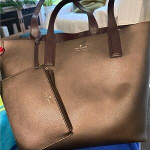 Kate Spade Arch Metallic Dark Brown Leather Tote with Pouch